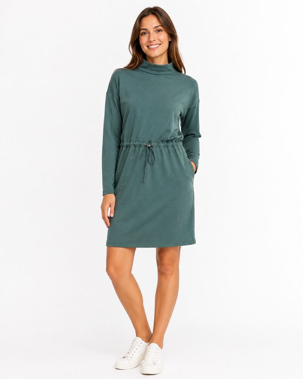 Cable & Gauge Sport Green Mock Neck Drawstring Waist Long Sleeve Dress